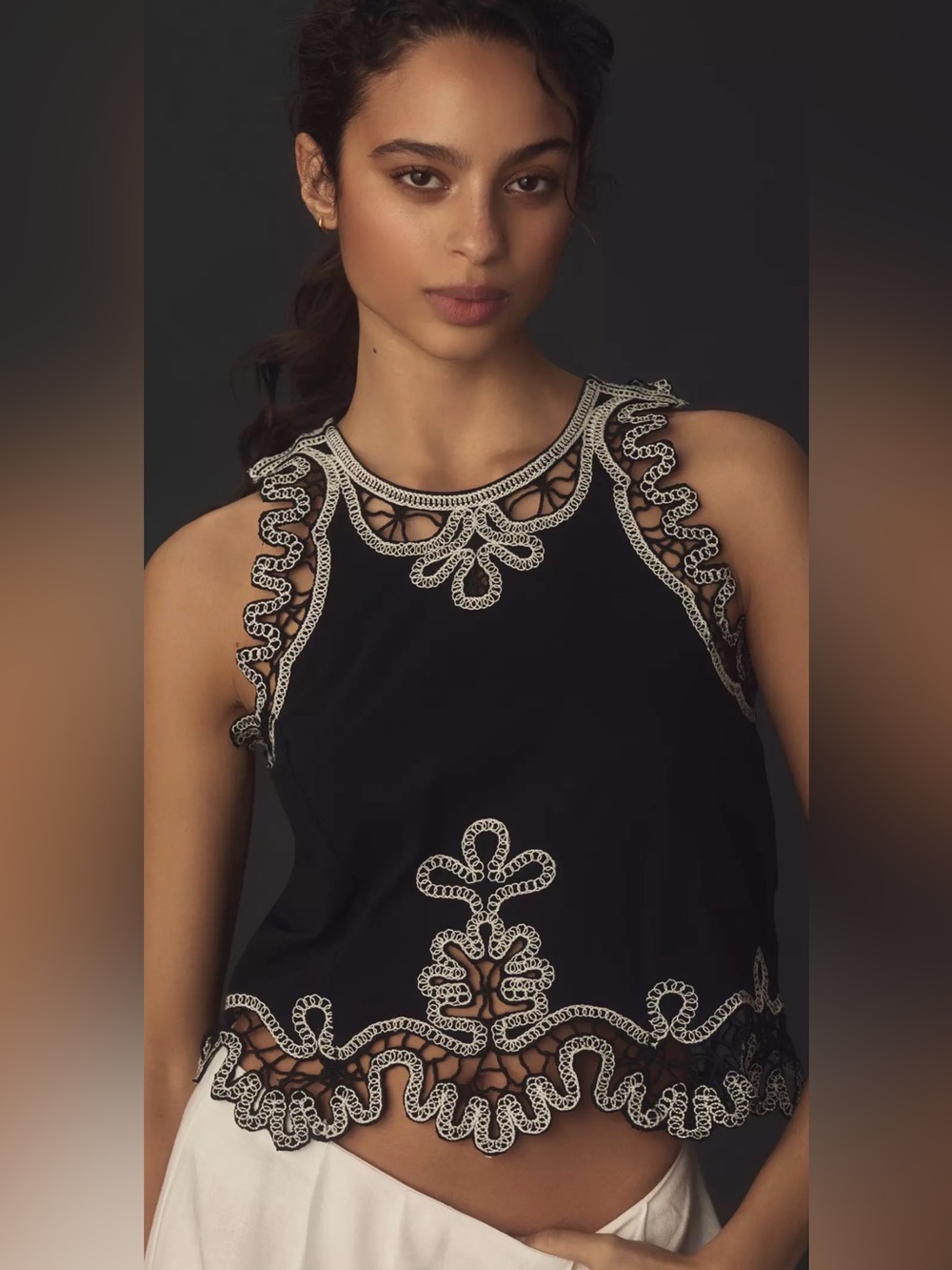 Anthropologie Embroidered Tank Elegant Black Lace-Trim Sleeveless Top